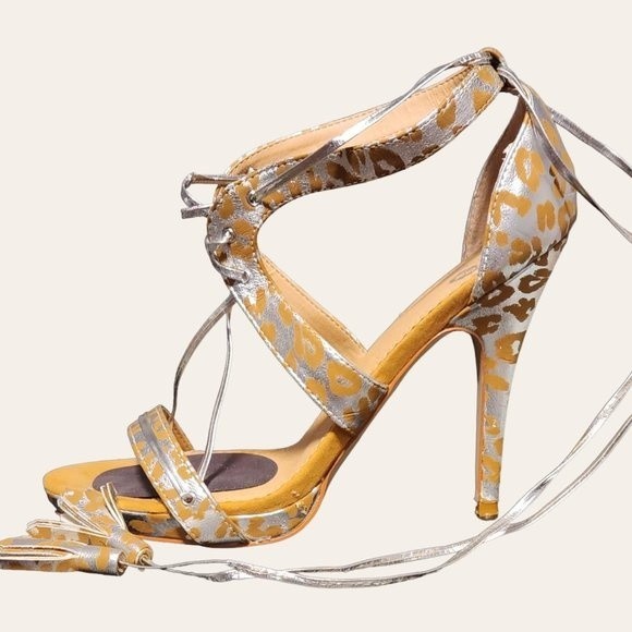 Colin Stuart Metallic Leopard Cheetah Animal Print Gold Silver Lace Up Wrap heel - Picture 4 of 16